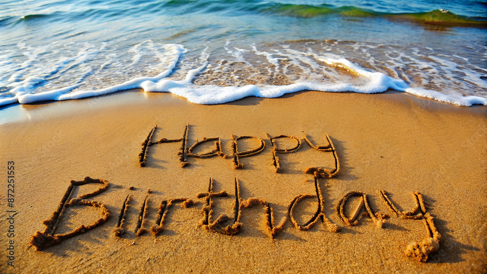 Fototapeta premium Happy birthday! - Inscription on the beach sand. 