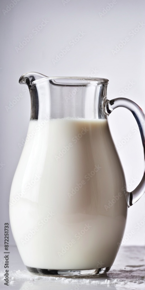 Milk in pitcher on grey background.