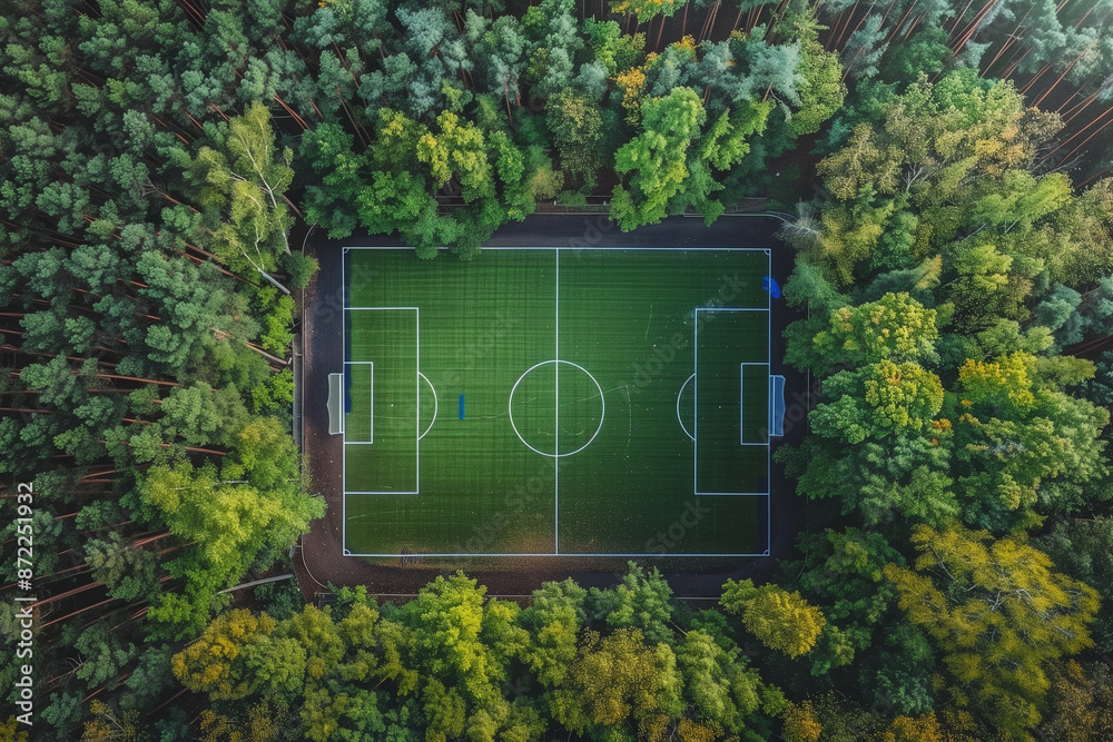Obraz premium A soccer field in the middle of a forest.