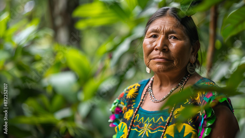 Portrait of old indigenous woman shaman, old woman belonging to indigenous ethnic group of the South American Amazon. Portrait of an indigenous face with its typical ornaments