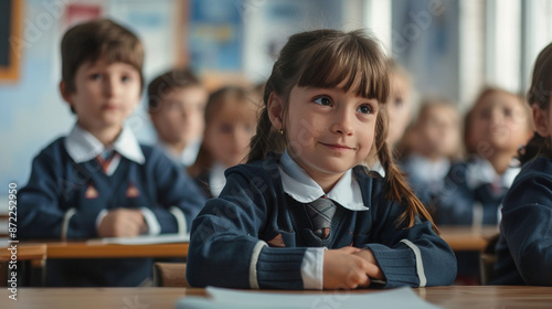 A girl in a school uniform sits at a desk with her hands on her lap