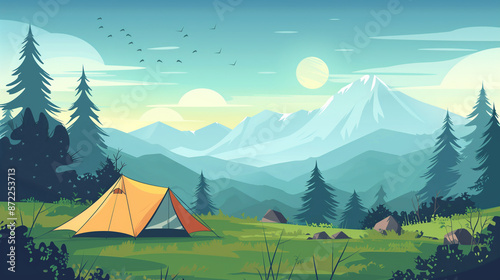 illustration, camping in a tent, active holidays, alpine mountain landscape, wildcamping in nature. Outdoor adventure, sleeping in the wilderness. Mountain landscape with forest and tent.