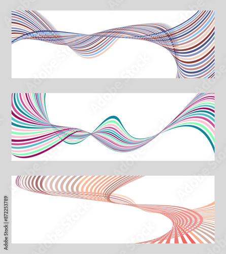 Wavy lines or ribbons. Set of 3 backgrounds. Multicolored striped gradient. Creative unusual background with abstract gradient wave lines to create a trendy banner, poster. vector eps