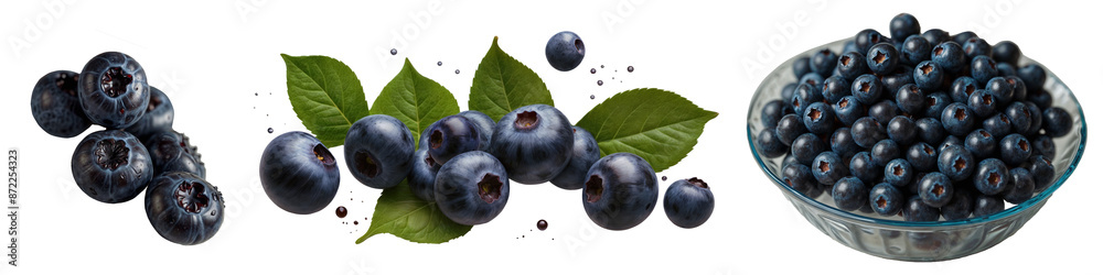 A set of ripe blueberries with green leaves next to a bowl filled with more blueberries. Photo of blueberries without background A set of ripe blueberries with green leaves next to a bowl filled with more blueberries. Photo of blueberries without background