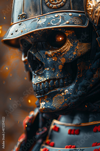 Hyper realistic and highly detailed skull samurai with fire in the eyes