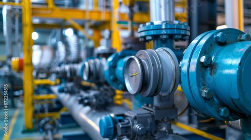 Close-up of Blue Industrial Pipe and Valve in Factory Setting