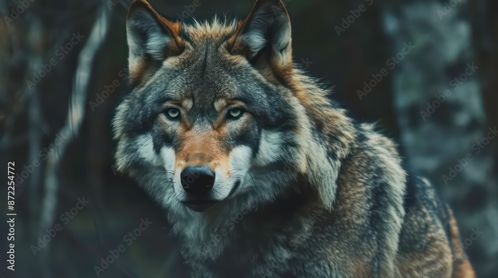 Captivating closeup of a wolf with piercing eyes set against a dark, moody forest backdrop. Generative AI Captivating closeup of a wolf with piercing eyes set against a dark, moody forest backdrop. Generative AI