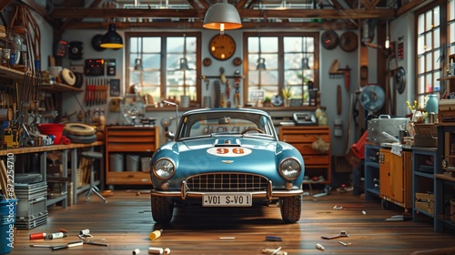 Vintage Sports Car in a Workshop - Generative AI