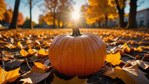 A lone pumpkin sits among fallen autumn leaves, basking in the golden sunlight of a crisp fall day.