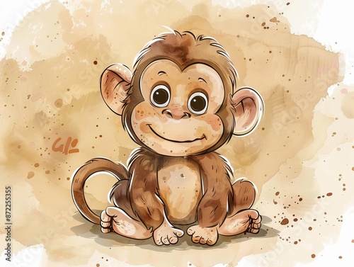 Cute Watercolor Monkey Sitt...
