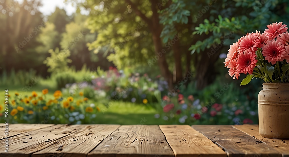 wooden table with a view of blurred Nature Background, For product display template wooden table with a view of blurred Nature Background, For product display template