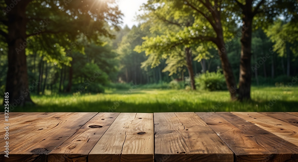 wooden table with a view of blurred Nature Background, For product display template wooden table with a view of blurred Nature Background, For product display template