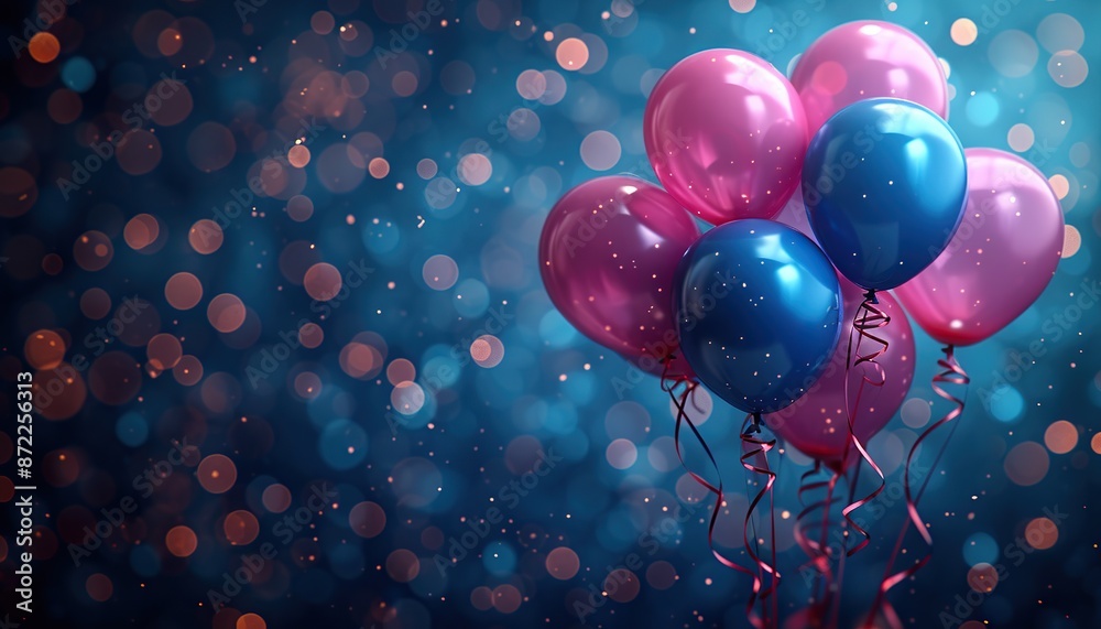 Festive lilac and blue balloons on a blue wall background, birthday balloons, greeting balloons Festive lilac and blue balloons on a blue wall background, birthday balloons, greeting balloons