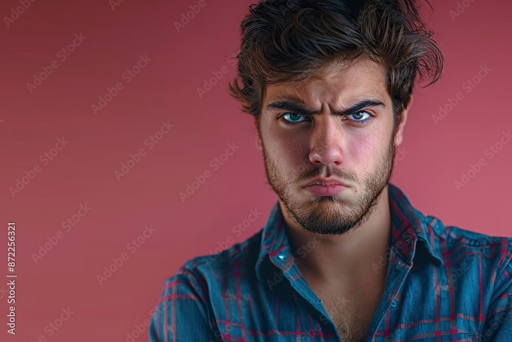 Discontented Young Man Against red Backdrop with Ample Copy Space Discontented Young Man Against red Backdrop with Ample Copy Space