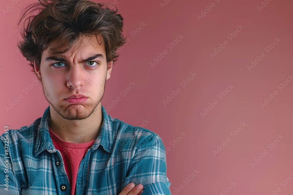 Discontented Young Man Against red Backdrop with Ample Copy Space Discontented Young Man Against red Backdrop with Ample Copy Space