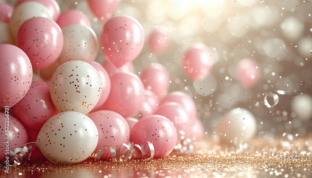 Festive balloons in white and pink on a golden bokeh background, birthday balloons, greeting balloons Festive balloons in white and pink on a golden bokeh background, birthday balloons, greeting balloons
