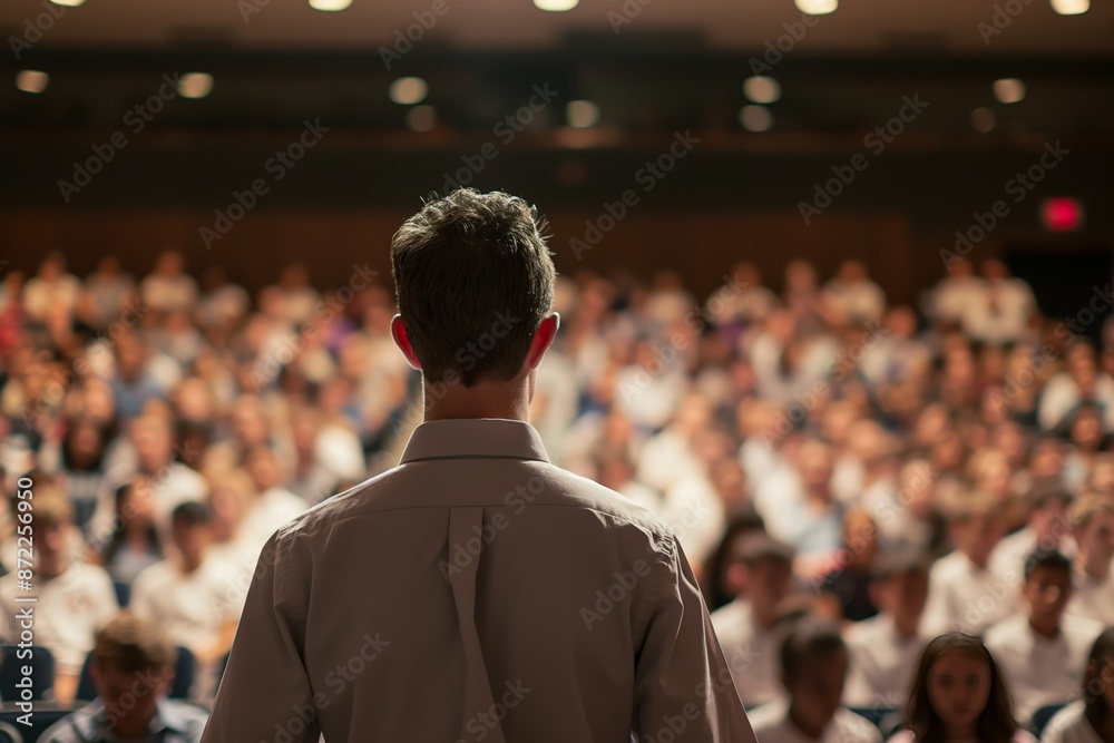 A person stands at a podium, addressing a large, seated audience in a well-lit auditorium. A person stands at a podium, addressing a large, seated audience in a well-lit auditorium.