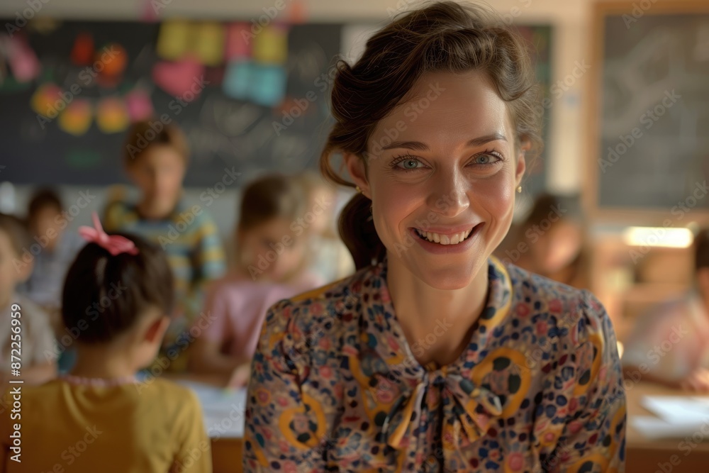 Teacher and students in classroom happy and engaged. Teacher and students in classroom happy and engaged.
