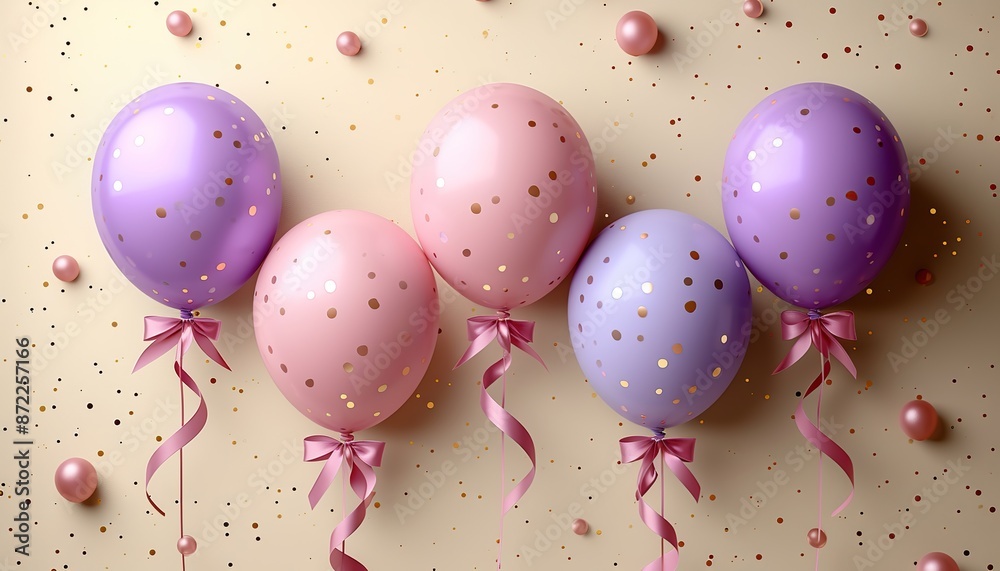 Festive balloons in violet and pink on the background of the wall , with confetti, birthday balls, greeting balls Festive balloons in violet and pink on the background of the wall , with confetti, birthday balls, greeting balls