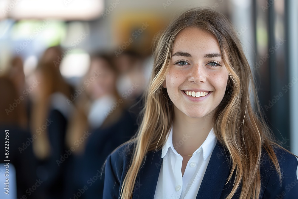 Fototapeta premium Young woman smiling confidently in formal attire, blurred crowd in background.