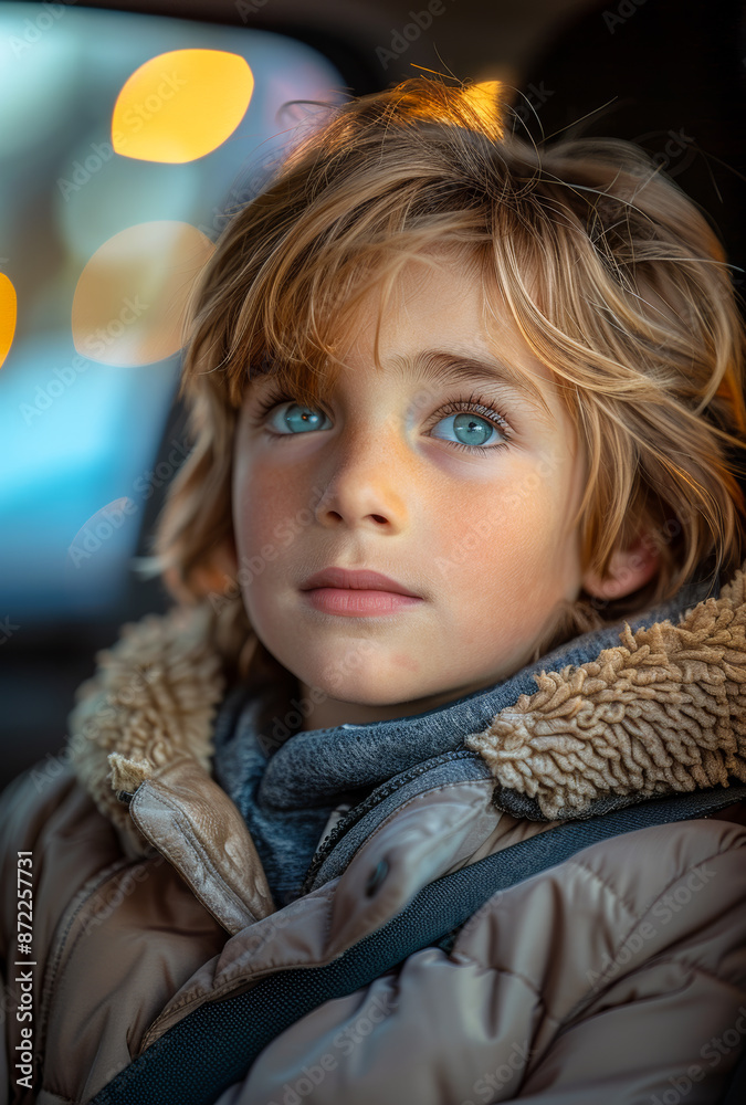 A young boy with blonde hair and blue eyes is sitting in a car A young boy with blonde hair and blue eyes is sitting in a car