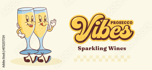 Groovy Champagne Glass Retro Characters Banner. Cartoon Wine Party Walking and Smiling. Vector Celebration Beverage Mascot Template. Happy Vintage Cool Prosecco Illustration Isolated