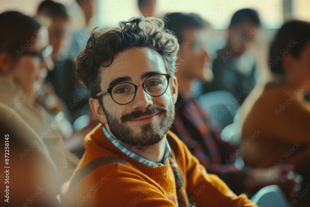 Happy college student during a lecture in the classroom looking at camera. Happy college student during a lecture in the classroom looking at camera.