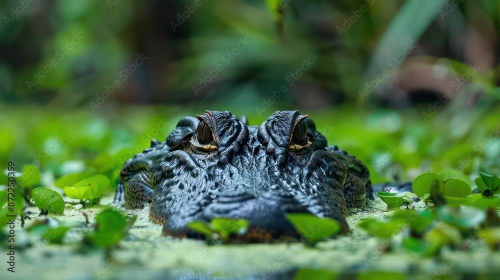 Obraz premium Closeup shot of an alligator's head peering out from murky swamp water, camouflaged by lush greenery. Generative AI