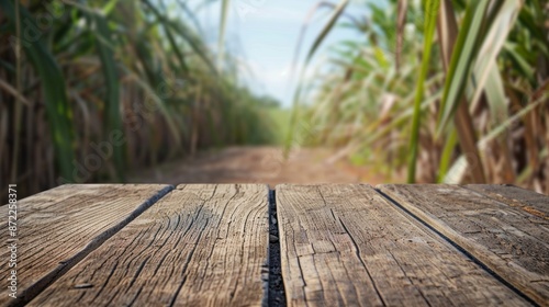 A close-up image of a weathered wooden plank tabletop with a blurred background of a lush sugarcane plantation. The wooden surface is worn and textured © liliyabatyrova