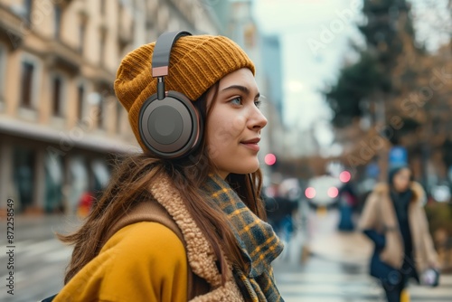 Wallpaper Mural Young woman wearing headphones and a yellow beanie, enjoying music while walking in an urban area. Torontodigital.ca