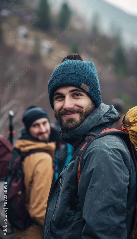 Ultra sharp portrait of a content man, accompanied by friends geared up with backpacks, symbolizing Ultra sharp portrait of a content man, accompanied by friends geared up with backpacks, symbolizing