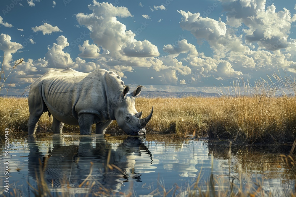 Fototapeta premium a rhino drinking water in an open field