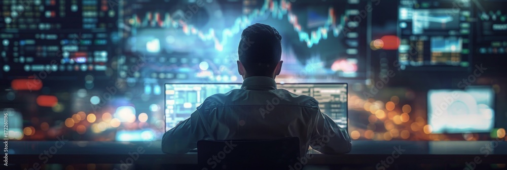 Determined businessman analyzes laptop screen with trading UI, including cryptocurrencies Determined businessman analyzes laptop screen with trading UI, including cryptocurrencies