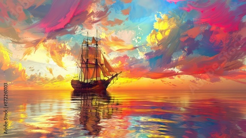 Colorful abstract digital painting of a sailing ship against a vibrant sunset sky reflected in water. Generative AI