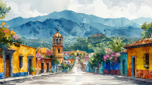 Traditional mexican colonial town watercolor