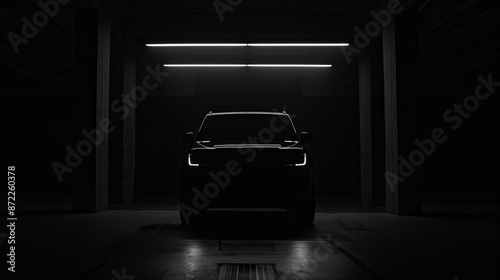 Dark SUV car in a pitch-black room with illuminated outlines