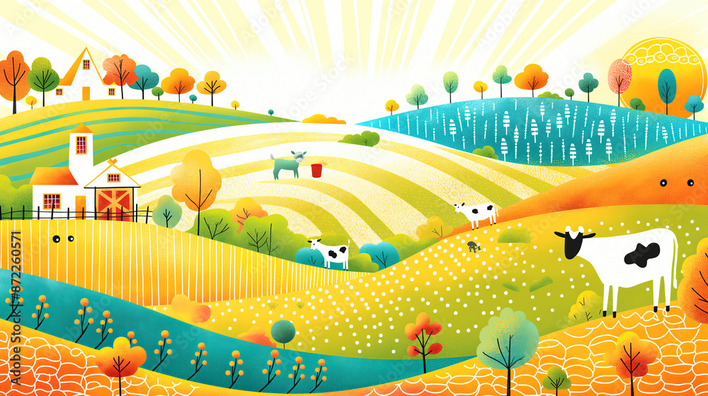 Obraz premium Colorful Idyllic Farm Landscape with Cows and Rolling Hills Illustration