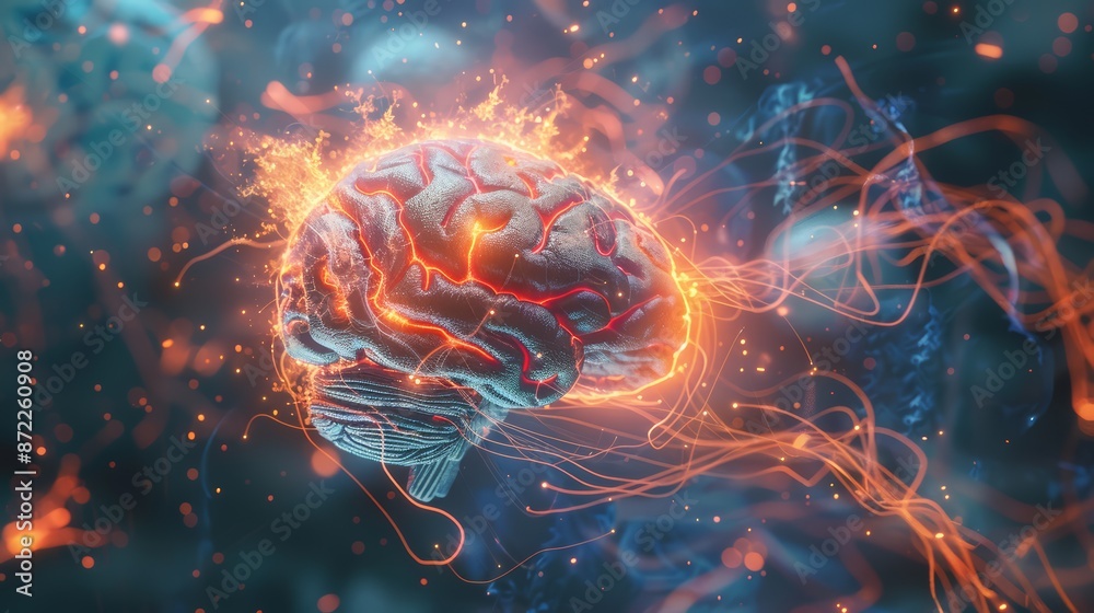 A surreal illustration of a brain with an intricate web of light trails and symbols bursting out