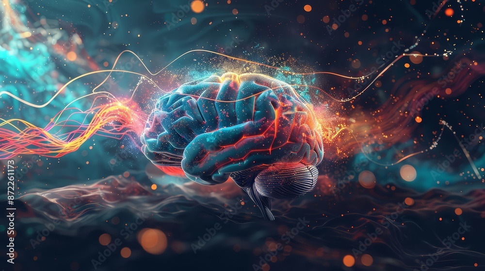 A surreal illustration of a brain with an intricate web of light trails and symbols bursting out A surreal illustration of a brain with an intricate web of light trails and symbols bursting out