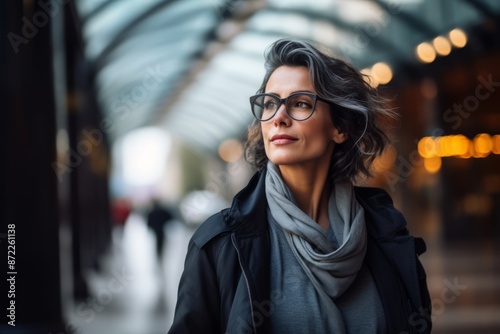 Portrait of a beautiful young woman with long wavy brunette hair wearing black coat and eyeglasses in the city