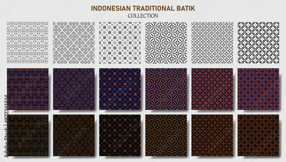 INDONESIAN TRADITIONAL BATIK PATTERN COLLECTION, ELEMENT DESIGN, BATIK SET, KAWUNG BATIK