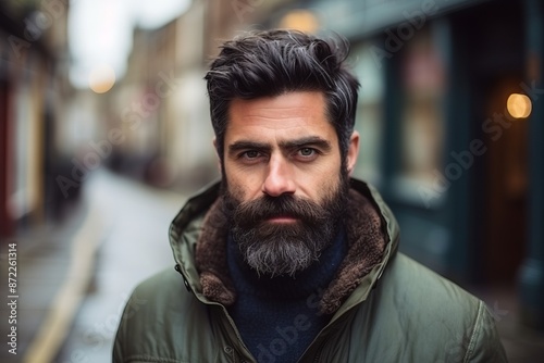 Portrait of a handsome man with beard and mustache in the city