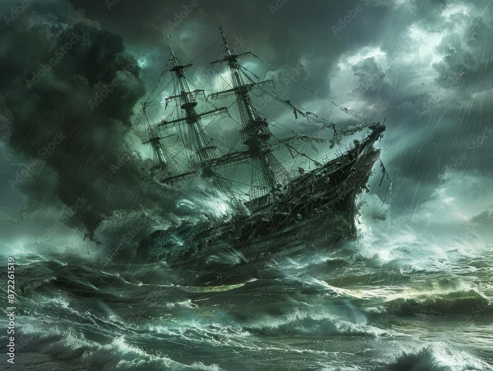 Digital Painting of a Ghost Ship in a Stormy Sea Digital Painting of a Ghost Ship in a Stormy Sea