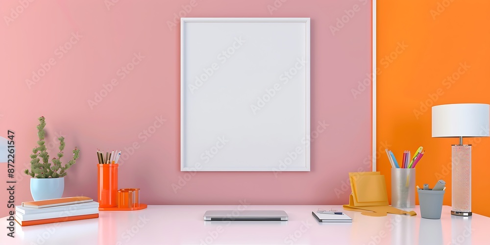 Sleek office setup with a white desk, colorful orange accents, and a blank white frame on a light pink wall in a orientation. Sleek office setup with a white desk, colorful orange accents, and a blank white frame on a light pink wall in a orientation.