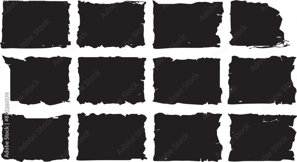 Jagged rectangle shape black ripped paper sheet with scratch grunge frame	