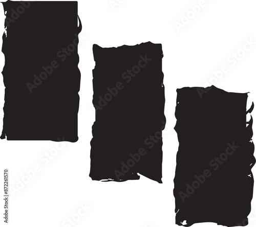 Jagged rectangle shape black ripped paper sheet with scratch grunge frame	