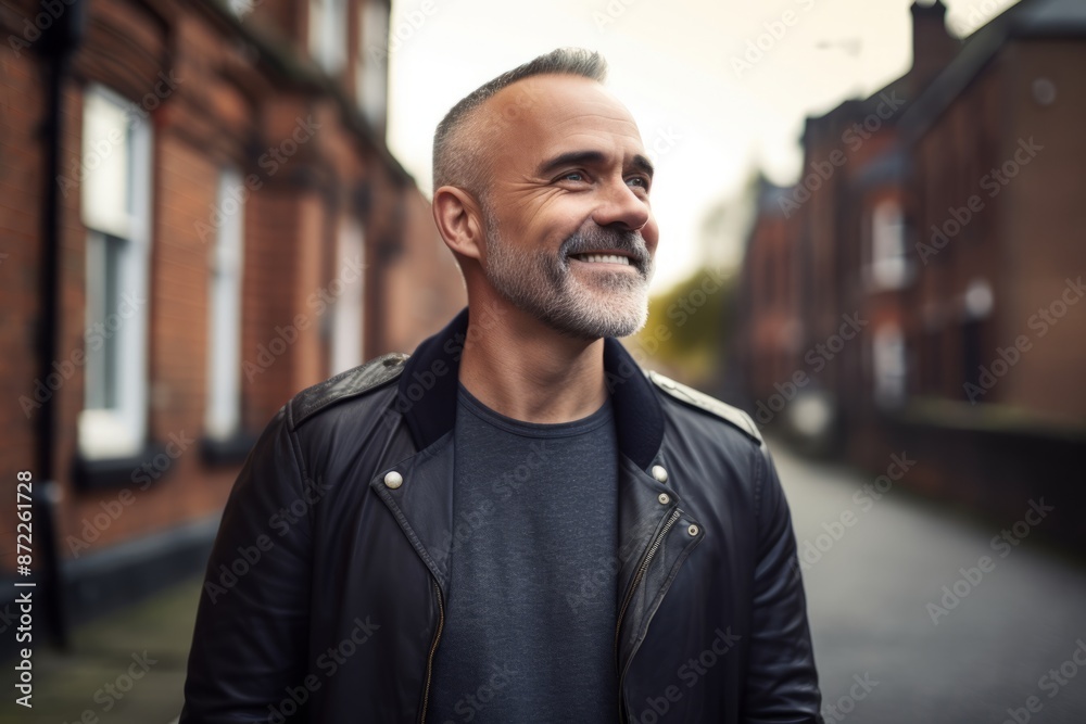 Portrait of a handsome middle-aged man wearing a black leather jacket and looking at the camera outdoors Portrait of a handsome middle-aged man wearing a black leather jacket and looking at the camera outdoors