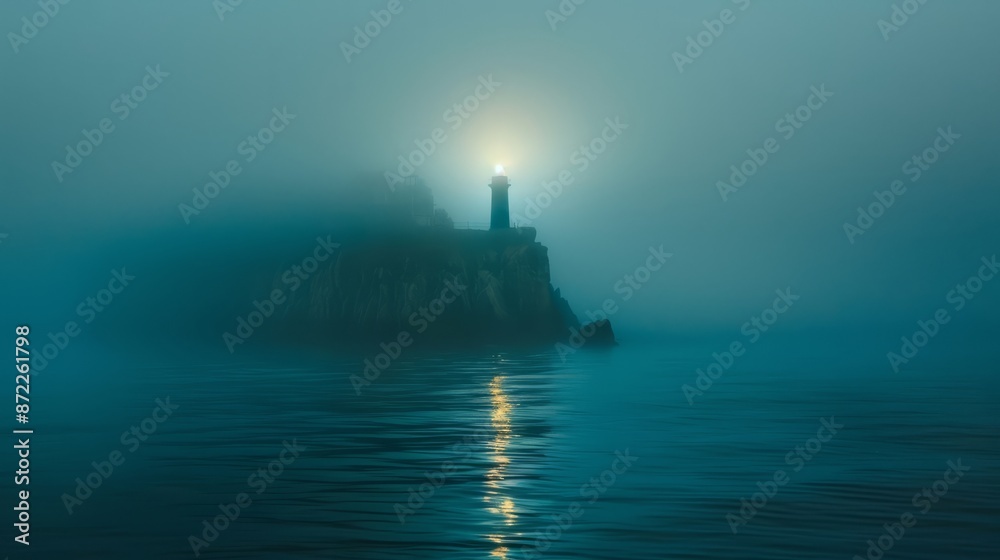Fototapeta premium Lighthouse in foggy sea. A solitary lighthouse stands tall against a backdrop of swirling fog, its beam piercing the misty air.