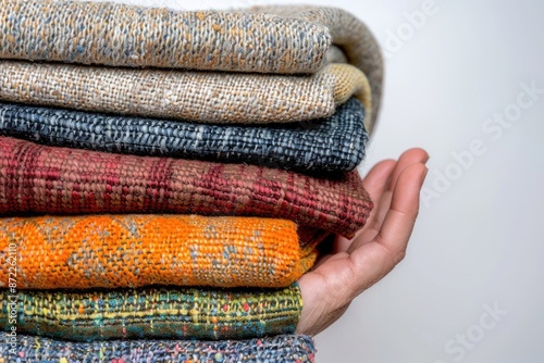 Hand holding a stack of sustainable cloths in tracksuit  homemade and Eco friendly fabric photo