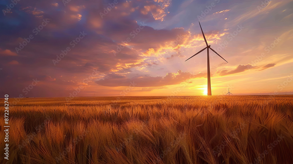 Obraz premium Wind turbine sunset field. A single wind turbine stands tall in a golden field at sunset, with dramatic clouds in the sky.